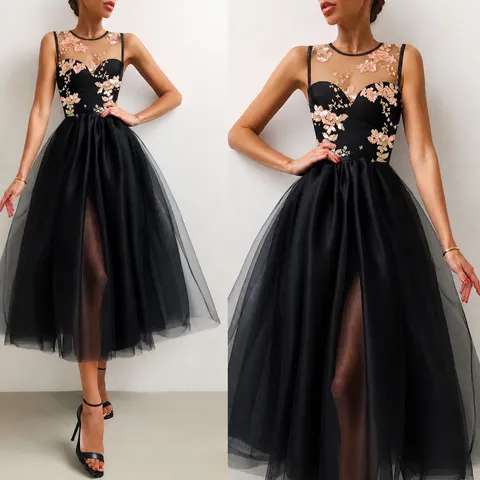 Damen Elegantes Ärmelloses Pailletten Netz Abendkleid Hohe Taille Midi Partykleid Schwarz Modische Bekleidung