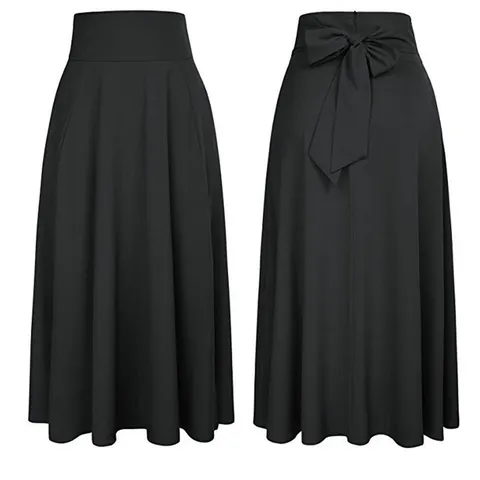 Damen Hohe Taille Ausgestellter Langer Rock Einfarbig Casual Eleganter Maxi-Rock Mit Schleife Hinten
