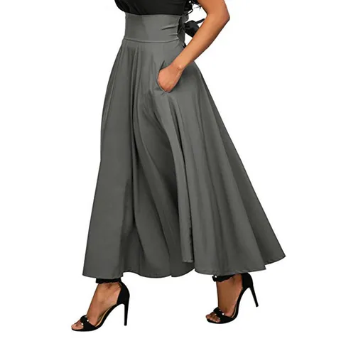 Damen Hohe Taille Ausgestellter Langer Rock Einfarbig Casual Eleganter Maxi-Rock Mit Schleife Hinten