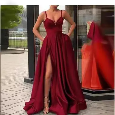 Women's Sexy Sleeveless V-Neck Split Maxi Dress Satin Solid Color Summer Slip Long Dresses Party Clubwear