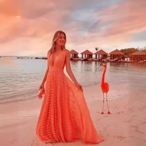 Damen Sexy V-Ausschnitt Mesh Resort Maxikleid Ärmellos Rückenfrei Einifarbig Lange Elegante Partykleider