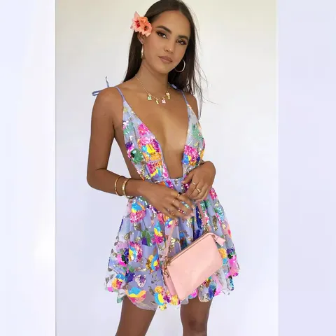 Sexy Tief V Rückenfrei Pailletten Blumen Stickerei Kordelzug Damen Mini Kleid Ärmellos Party Club Kurzes Kleid