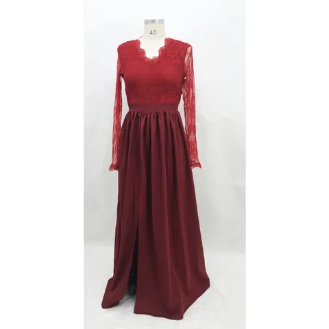 Damen Sexy Tiefer V-Ausschnitt Langarm Polyester Spitze Abendkleid Schlanke Passform Hoher Schlitz Maxikleid Formelles Partykleid