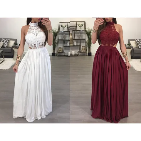 Damen Sexy Halter Spitze Spleißen Langes Abendkleid Rückenfrei Hohe Taille Maxi Partykleid Für Brautjungfer Hochzeit