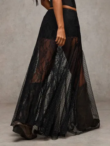 Damen Tief Geschnittener Figurbetonter Langer Rock Gothic Stil Kontrast Spitze Mesh Splicing Eleganter Slim Maxi Rock Streetwear