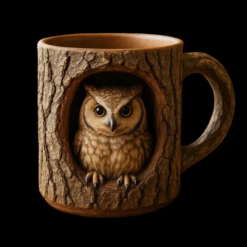 Handmade Ceramic Raccoon Owl Tree Hollow Mug 3D Relief Animal Sculptured Coffee Cup Vintage Bark Texture Creative Drinkware
