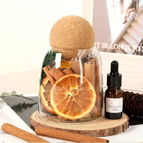 Botella de Aromaterapia de Canela de Flor Seca Natural Decoración del Hogar de Escritorio Botella de Vidrio con Base de Madera y Aceite Esencial