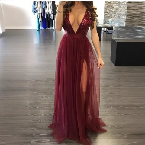 Damen Sexy V-Ausschnitt Rückenfrei Pailletten Mesh Langkleid Abendparty Elegantes Schlitz Maxi Kleid