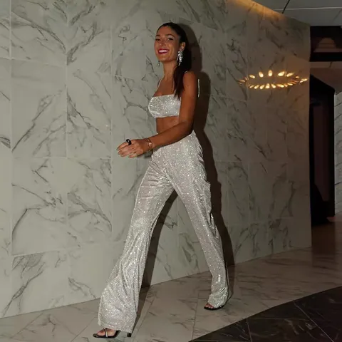 Sexy Nachtclub Glitzernd Crop Top Und Lange Hose Top Und Damen Glänzend Pailletten Party Outfit Clubwear