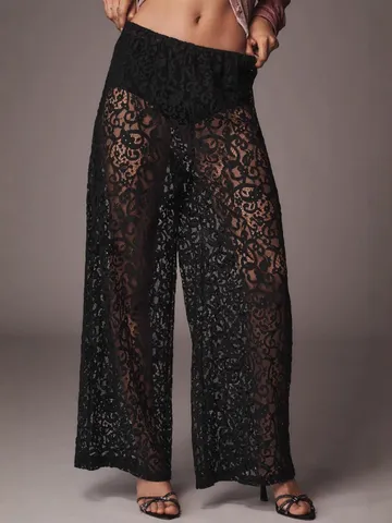 Damen Sexy Spitze Weites Bein Hosen Hohe Taille Transparent Casual Lange Trousers Lockere Passform Streetwear Schwarz Unterteile