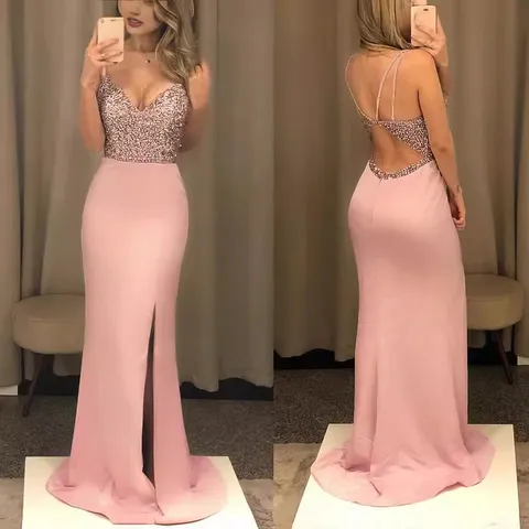 Sexy Halter Pailletten Rückenfreies Langes Abendkleid Damen Elegante Ärmellose Schlitz Slim Fit Party Maxi Kleid