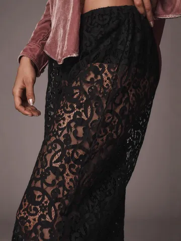 Damen Sexy Spitze Weites Bein Hosen Hohe Taille Transparent Casual Lange Trousers Lockere Passform Streetwear Schwarz Unterteile