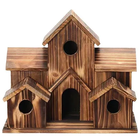 Villa Style Outdoor Wooden Hummingbird House Nesting Box Carbonized Pine Wood Bird House For Garden Patio Hanging Bird Feeder