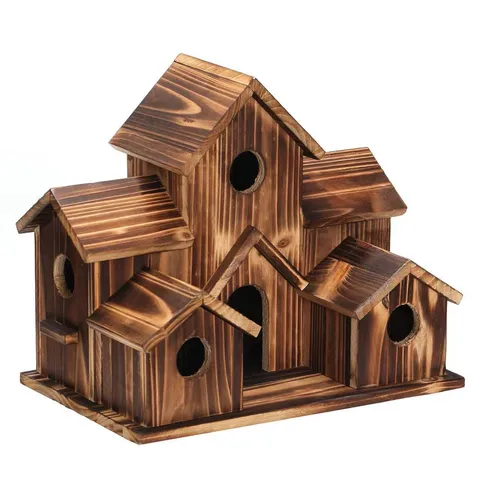 Villa Style Outdoor Wooden Hummingbird House Nesting Box Carbonized Pine Wood Bird House For Garden Patio Hanging Bird Feeder