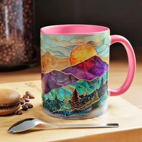 Buntglas-Stil Berg Becher Sonnenuntergang Waldlandschaft Keramik Kaffeetasse Künstlerisches Dekoratives Trinkgeschirr Geschenk