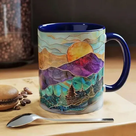 Buntglas-Stil Berg Becher Sonnenuntergang Waldlandschaft Keramik Kaffeetasse Künstlerisches Dekoratives Trinkgeschirr Geschenk