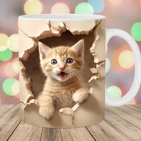 Kreativ 3D Kätzchen Katze Wandloch Druck Keramik Tasse Kaffee Tee Becher Weihnachten Geburtstag Geschenk Zuhause Büro Weißer Becher