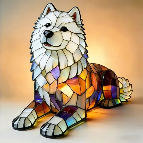 Samojeden Hund LED Nachtlicht Künstlerische Tierstatue Harz Handwerk Desktop Dekor Buntglas Stil Mosaik Hund Figur Geschenk