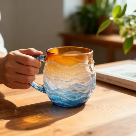 Meeresglas Sonnenuntergang Becher Wellenstruktur Gradient Kaffeetasse Dekorativer Ozean Stil Glasbecher Für Zuhause Büro