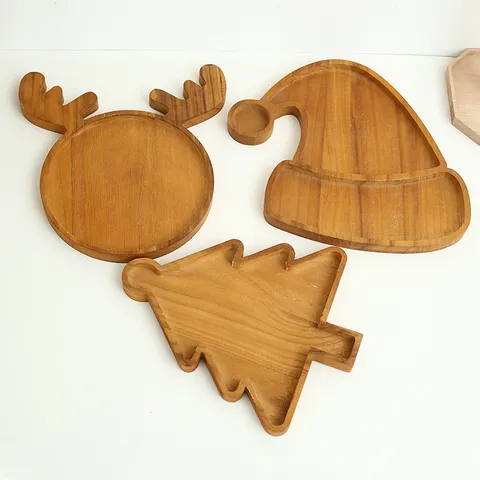 Plateau en Bois de Noël Créatif Assiette de Service en Bois de Paulownia pour Café Petit Déjeuner Gâteau Dessert Forme Renne Sapin Bonnet
