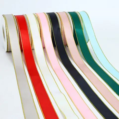 Cinta de Poliéster de Doble Cara Con Borde Dorado Para Envolver Regalos Repostería Embalaje de Flores Decoración Artesanal DIY