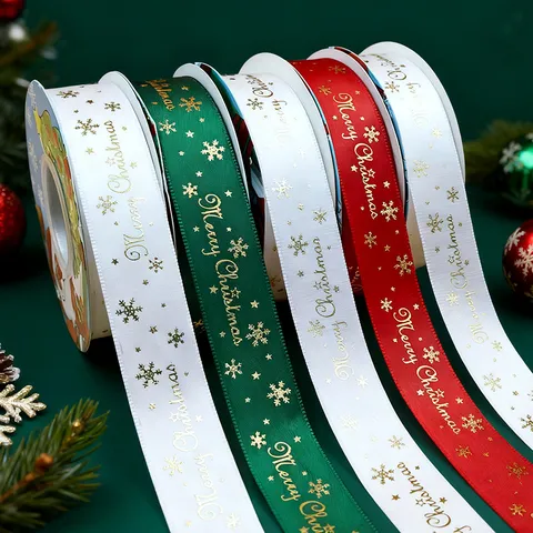 Cinta de Satén de Navidad Estampado en Oro Feliz Navidad Copos de Nieve Para Envoltorio de Regalos Ramo de Flores Decoración de Tortas
