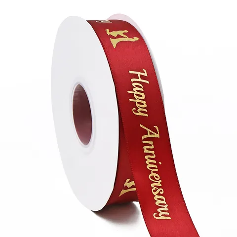 Cinta de Poliéster Happy Anniversary Estampada en Oro para Envoltorio de Regalos de San Valentín y Decoración