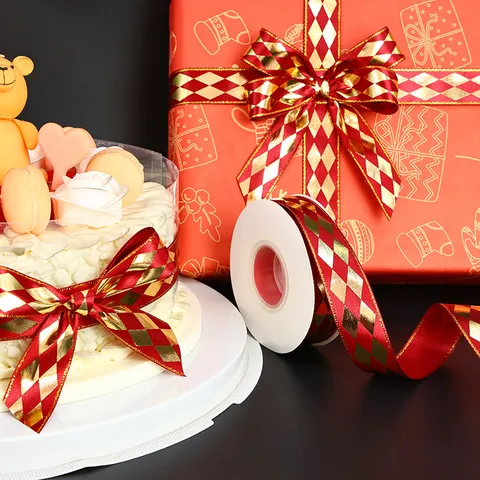 Diamant Heißprägung Satinband Gold Geometrischer Druck Band Für Geschenkbox Verpackung Party Hochzeit Weihnachten