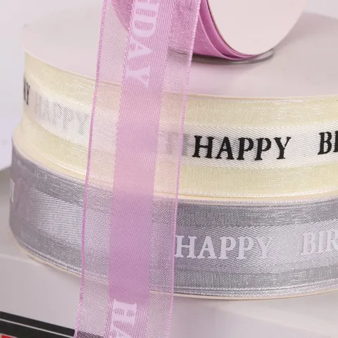 Decorative Organza Ribbon Happy Birthday Letter Printed Satin Ribbon For Cake Packaging And Gift Decoration Party