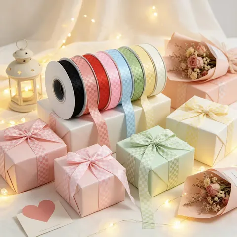 Cinta a Cuadros de Poliéster Cinta Estampada Para Envolver Regalos Decoración de Pasteles Empaque de Ramos y Manualidades de Lazos