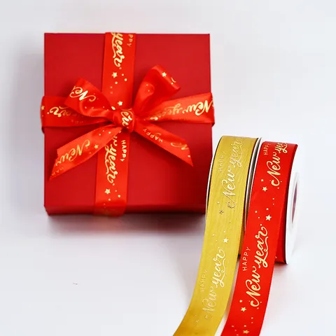 New Year Ribbon Gold Stamping Webbing Holiday Gift Packaging Ribbon Festive Party Decoration Satin Ribbon