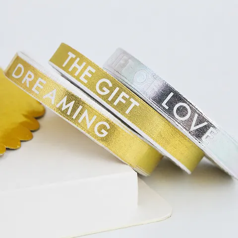 Cinta de Letras en Inglés con Estampado en Caliente Poliéster Oro Plata Cinta de Embalaje de Regalo Para Pastel Ramo Decoración de Fiesta
