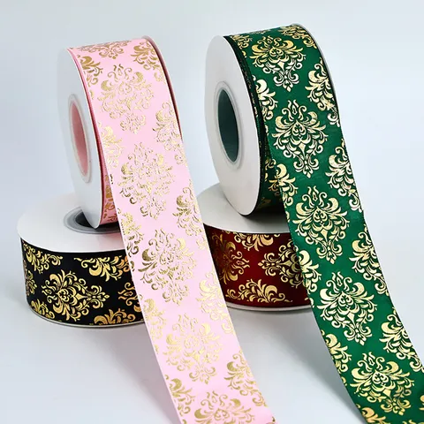 Gold Stamping Ribbon European Vintage Pattern Silk Ribbon For Gift Wrapping Flower Bouquet Party Decoration