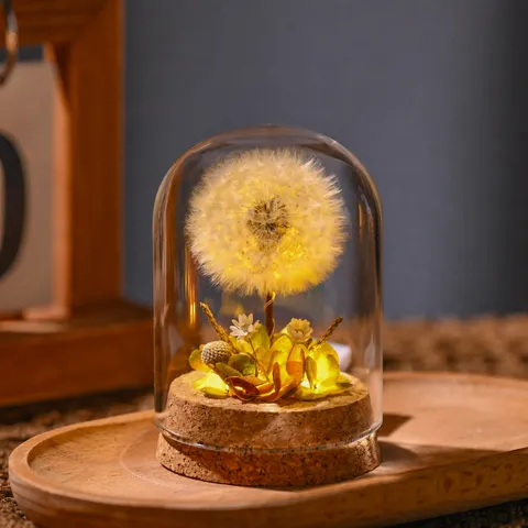 Luz Nocturna de Cubierta de Vidrio de Flor Seca Preservada de Diente de León Lámpara de Mesa LED Cálida Romántica Decoración Regalo