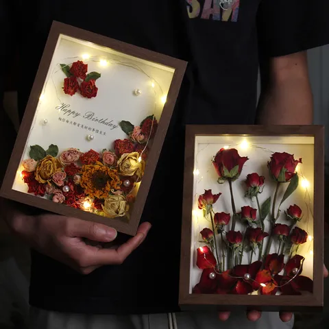 Marco de Fotos de Flores Secas Madera de Nogal Rosa Real Espécimen de Planta Arte de Pared Botánico Decoración del Hogar Regalo Con Luz LED