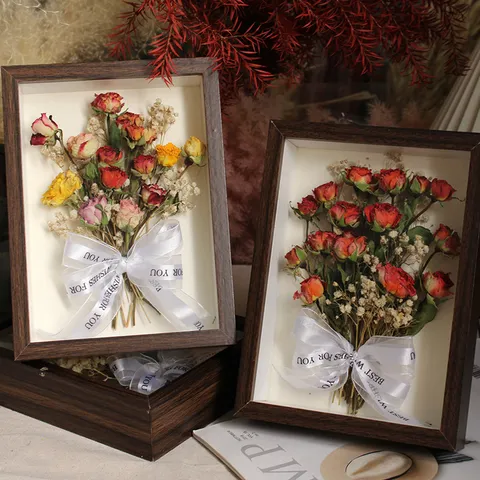Marco de Fotos de Flores Secas Madera de Nogal Rosa Real Espécimen de Planta Arte de Pared Botánico Decoración del Hogar Regalo Con Luz LED