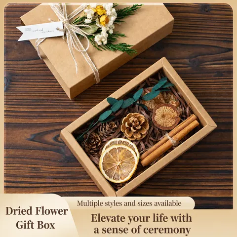 Caja de Regalo de Papel Kraft Vintage Con Set de Flores Secas Caja de Embalaje Estética Rústica Para Regalo de Cumpleaños Fiesta