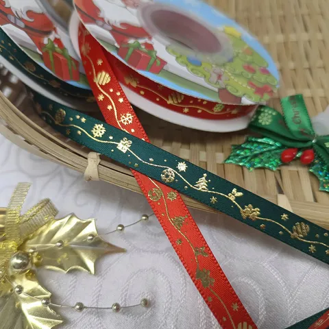 Christmas Gold Stamping Ribbon Festive Decorative Webbing Polyester Ribbon For Gift Wrapping Party Craft DIY