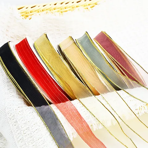 Cinta de Organza Transparente con Borde Dorado Cinta de Alambre de Oro para Caja de Regalo Pastel Envoltura de Flores DIY