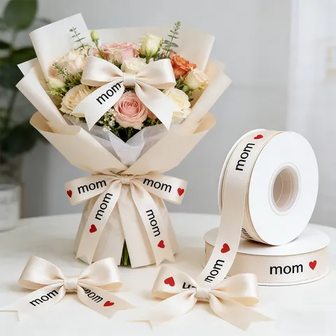 Cinta de Día de la Madre Cinta de Envoltorio de Regalo Cinta Estampada de Poliéster Para Pastel Repostería Ramo Lazo Fiesta Decoración Manualidades