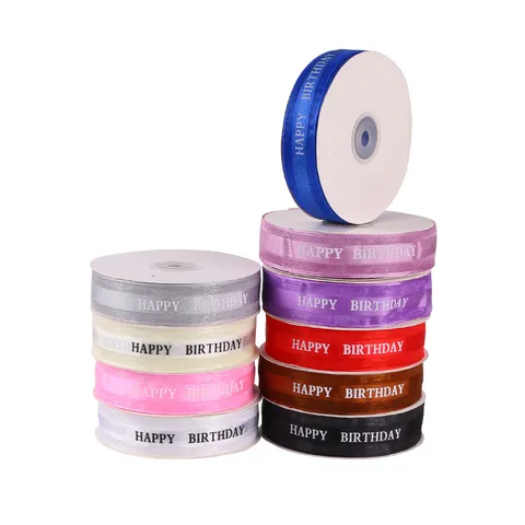 Decorative Organza Ribbon Happy Birthday Letter Printed Satin Ribbon For Cake Packaging And Gift Decoration Party