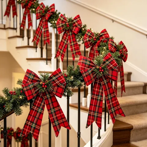 Christmas Bows And Ribbon Rolls Festive Plaid Ribbon For Home Staircase Tree Holiday Decoration DIY Craft