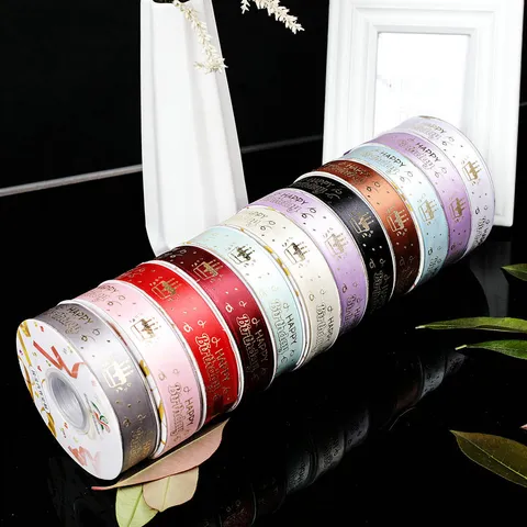 Birthday Cake Printed Hot Stamping Polyester Satin Ribbon For Gift Wrapping Wedding Party Decorative Craft