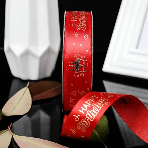 Birthday Cake Printed Hot Stamping Polyester Satin Ribbon For Gift Wrapping Wedding Party Decorative Craft