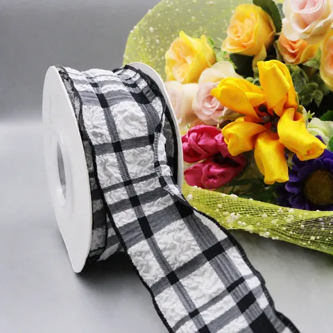 Style Coréen Fronce Puff Carreaux Rouleau de Ruban Pour Accessoires de Cheveux Emballage de Fleurs Emballage Cadeau Décoration Artisanat DIY