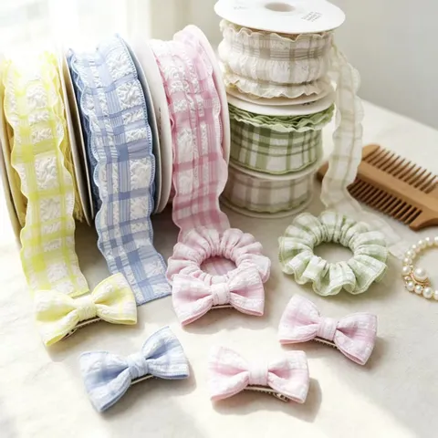 Estilo Coreano Arruga Puff Cuadros Rollo de Cinta Para Accesorios de Cabello Envoltura de Flores Embalaje de Regalo Decoración DIY