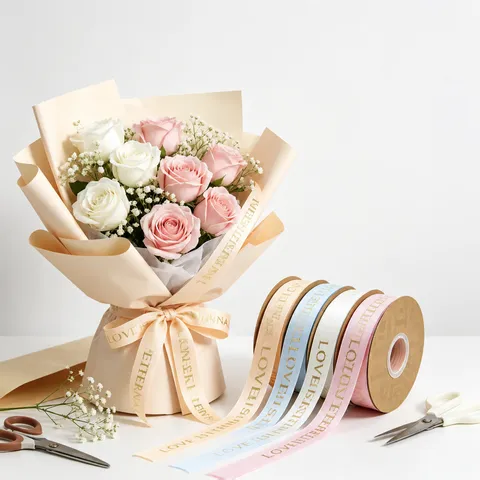 Cinta de Satén con Letras en Inglés Estampadas en Oro para Envolver Ramos de Flores y Decoración de Bodas