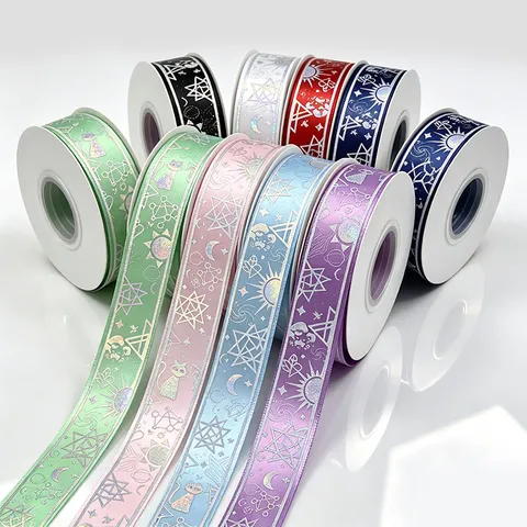 Laser Silver Sun Moon Star Printed Polyester Fabric Ribbon For DIY Gift Packaging Bow Making Crafting Decor