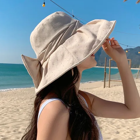Women Summer Bucket Hat Cotton Large Brim Sun Protection Hat With Bow Rhinestones Korean Style Vacation Beach Hat