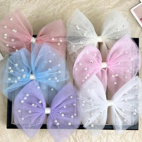 Mesh 3D Pearl Bow Hair Clip Sweet Princess Top Hair Clip For Women And Girls Stage Performance Hair Accessories